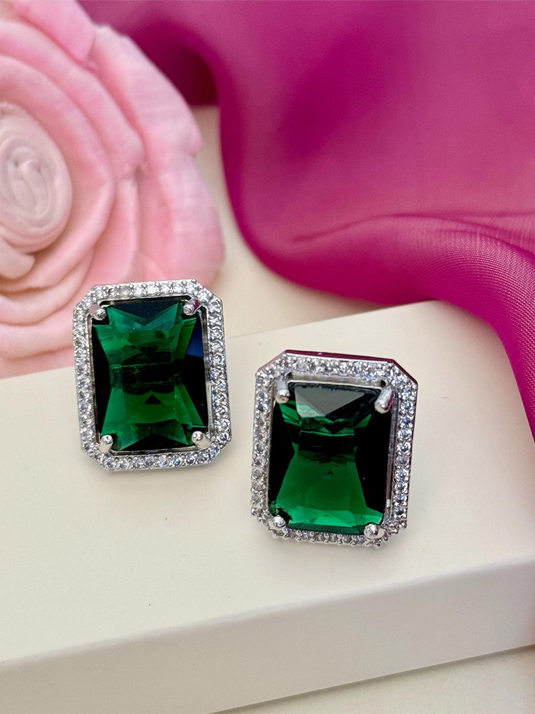 

ABDESIGNS Silver Plated American Diamond Studded Square Studs Earrings