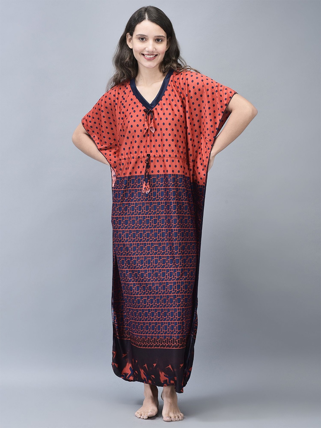 

Noty Women Everyday Polka Dot Printed Kaftan Nightdress, Red