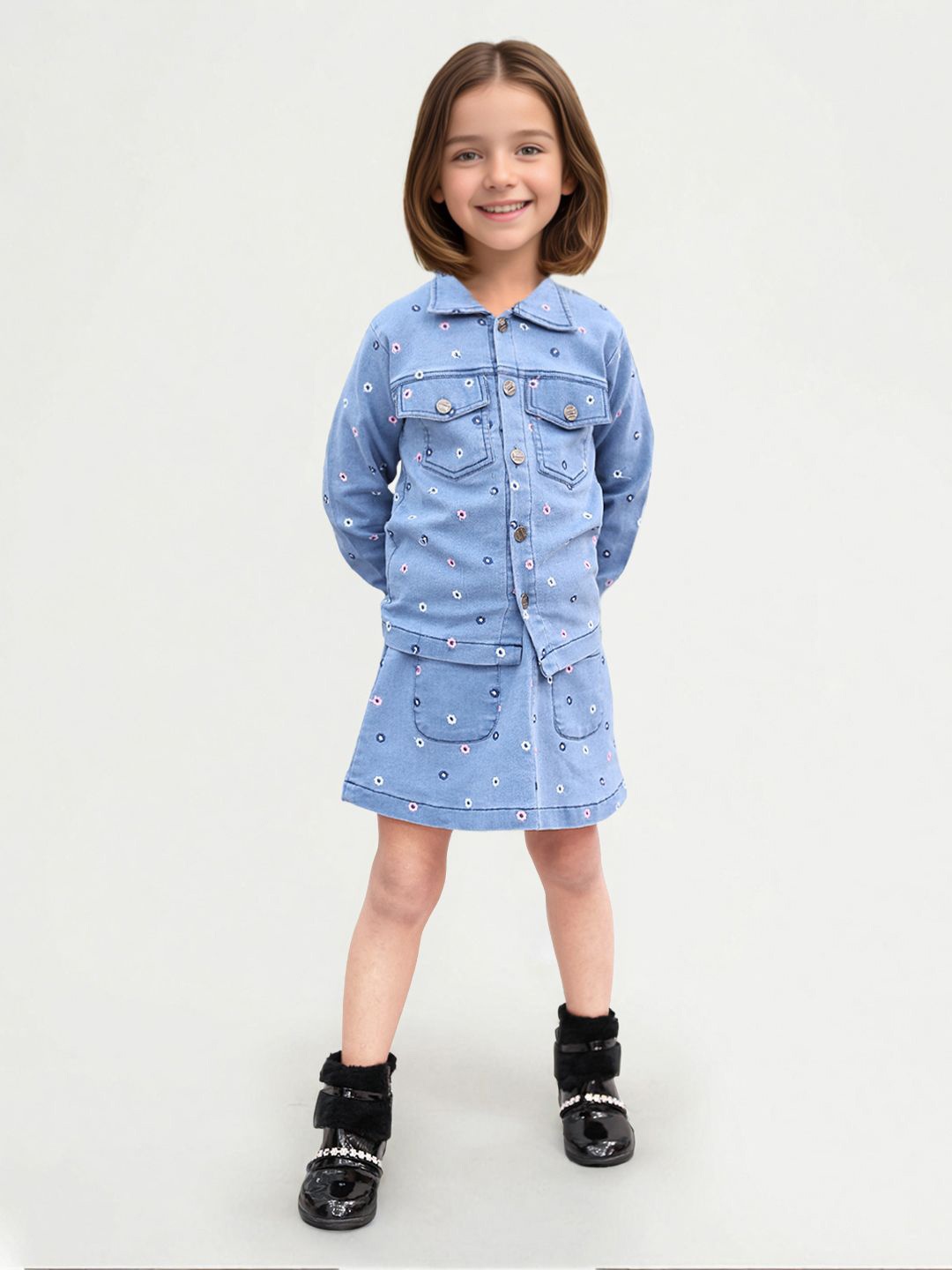 

Toonyport Girls Floral Printed Denim Shirt With Skirt, Blue