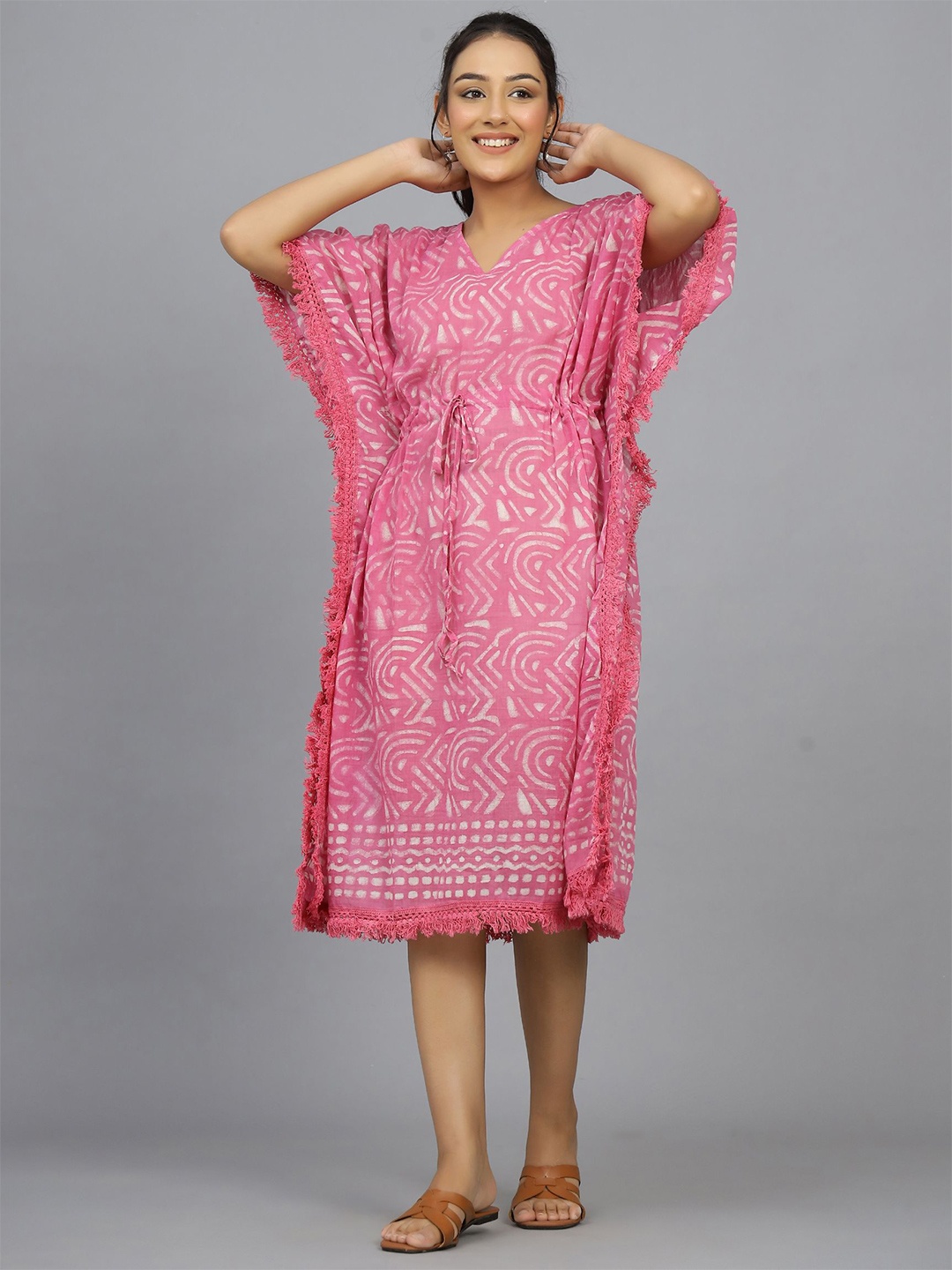 

HANDICRAFT PALACE Women Pure Cotton Printed Kaftan Nightdress, Pink