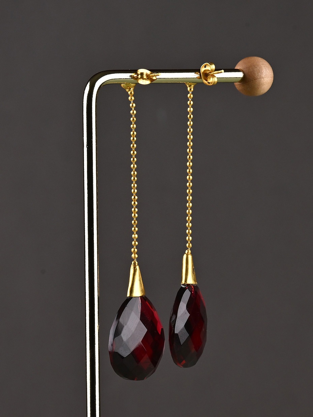 

TOTAPARI Gold-Plated Crystals Stone Studded Teardrop Shaped Drop Earrings, Red