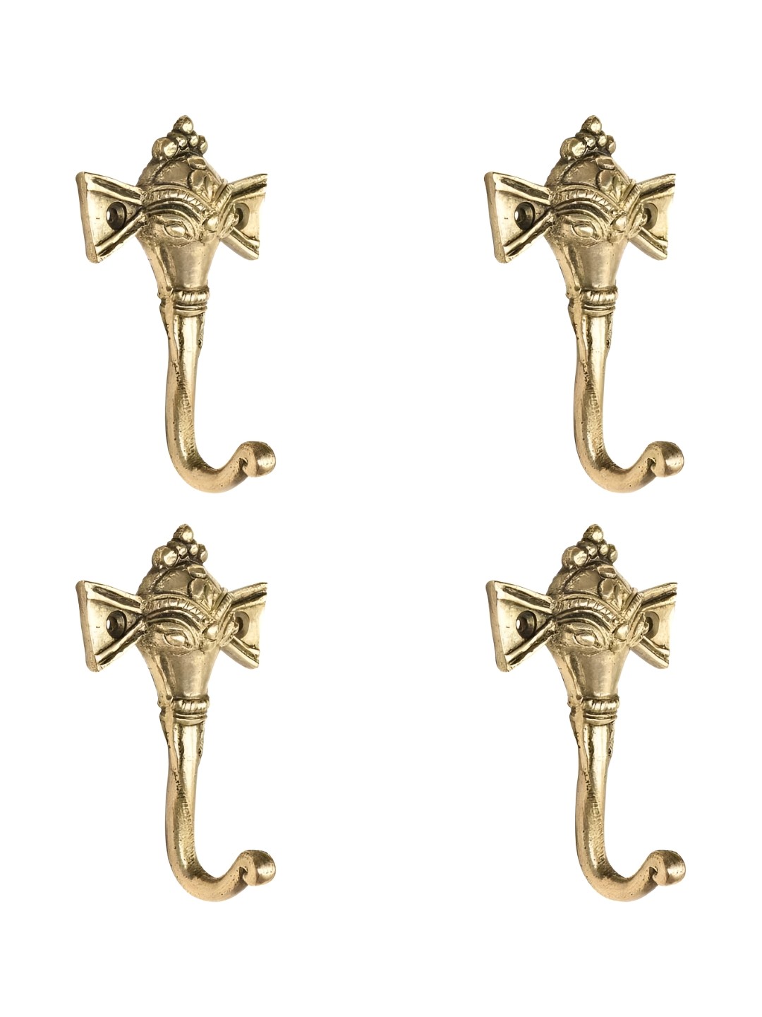 

IndianShelf Goldtoned 4 Pieces Tribal Elephant Face Textured Brass Wall Hooks, Gold