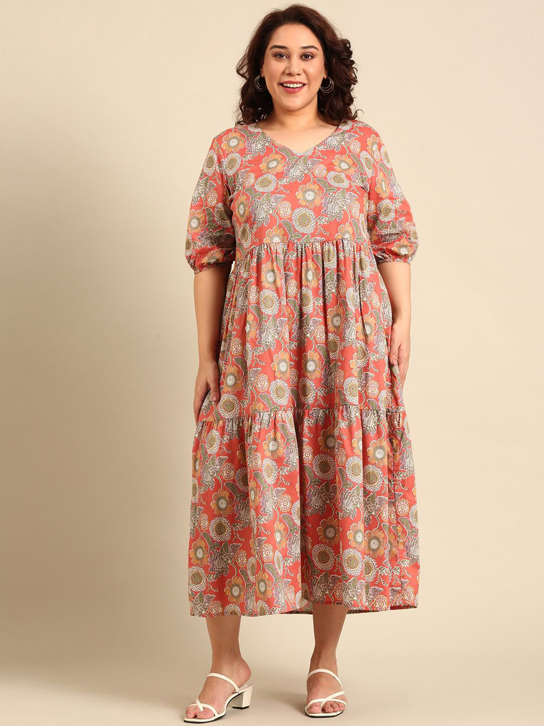 

The Pink Moon Women Plus Size Floral Print Fit & Flare Midi Dress, Rust
