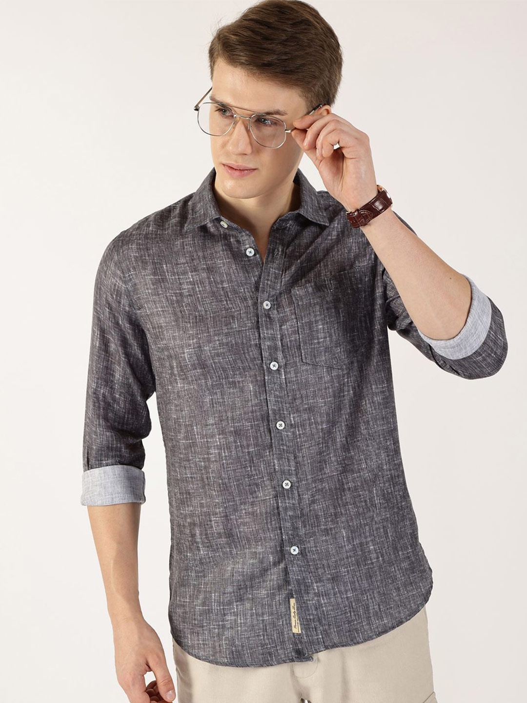 

Thomas Scott Men Premium Spread Collar Solid Slim Fit Casual Shirt, Grey