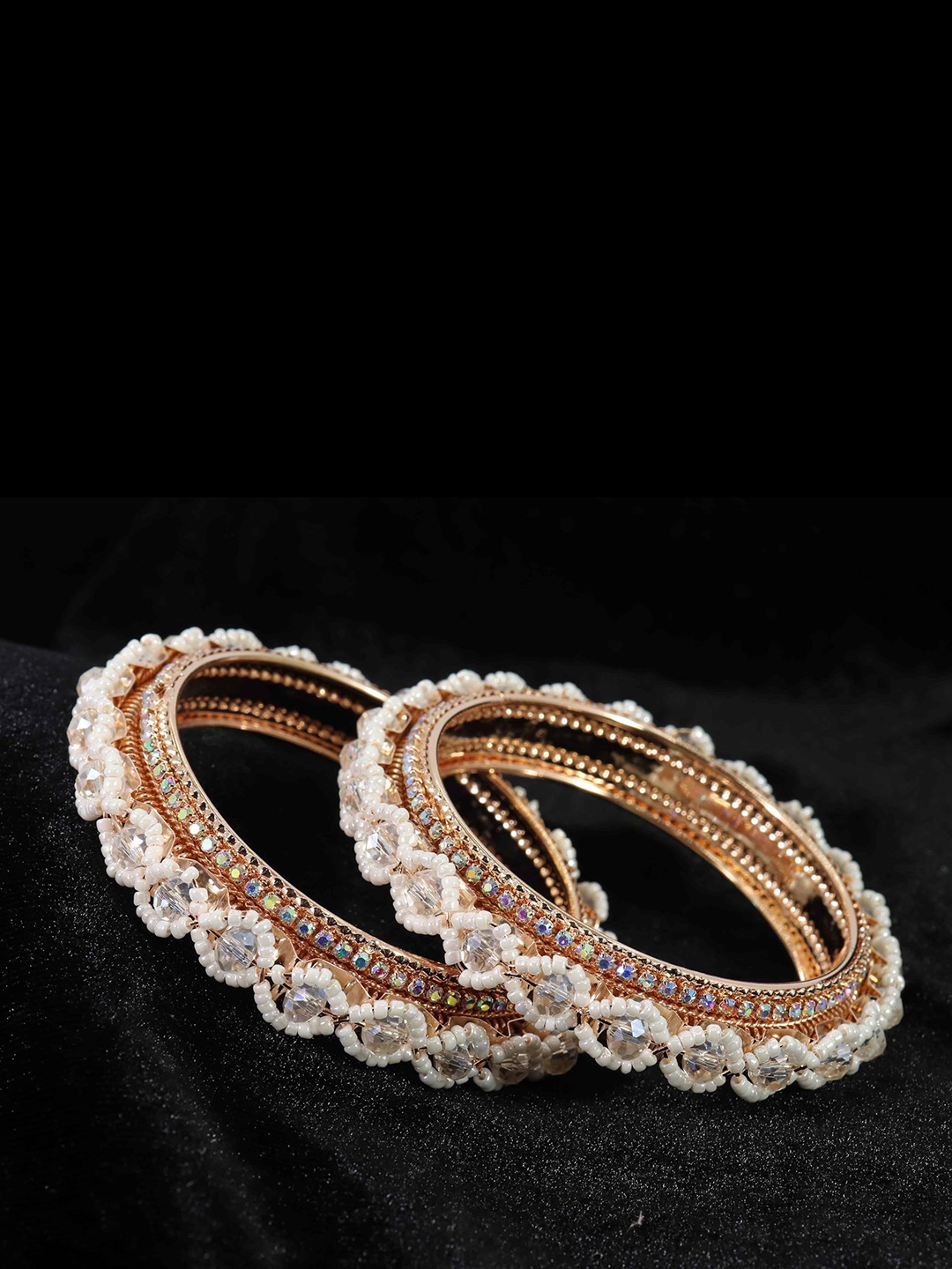 

ZULKA Set of 2 Premium Metal White Pearls Moti & American Diamond Bangles, Gold