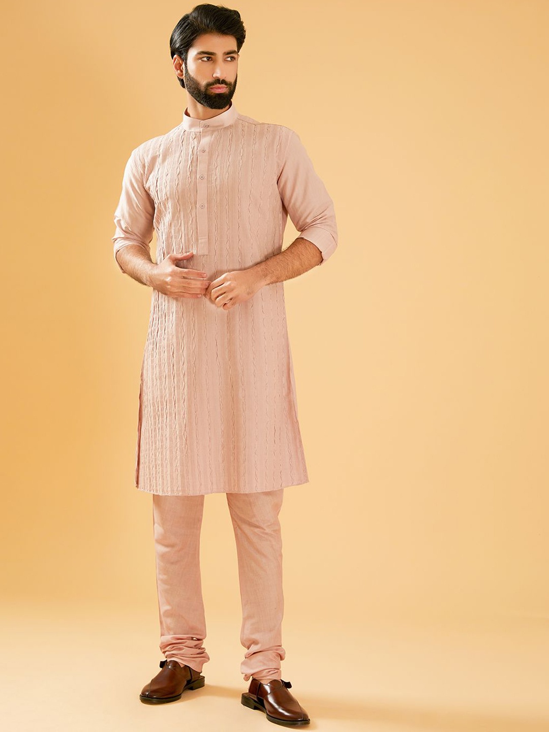 

RR Blue Striped Printed Band Collar Straight Raw Silk Kurta, Peach