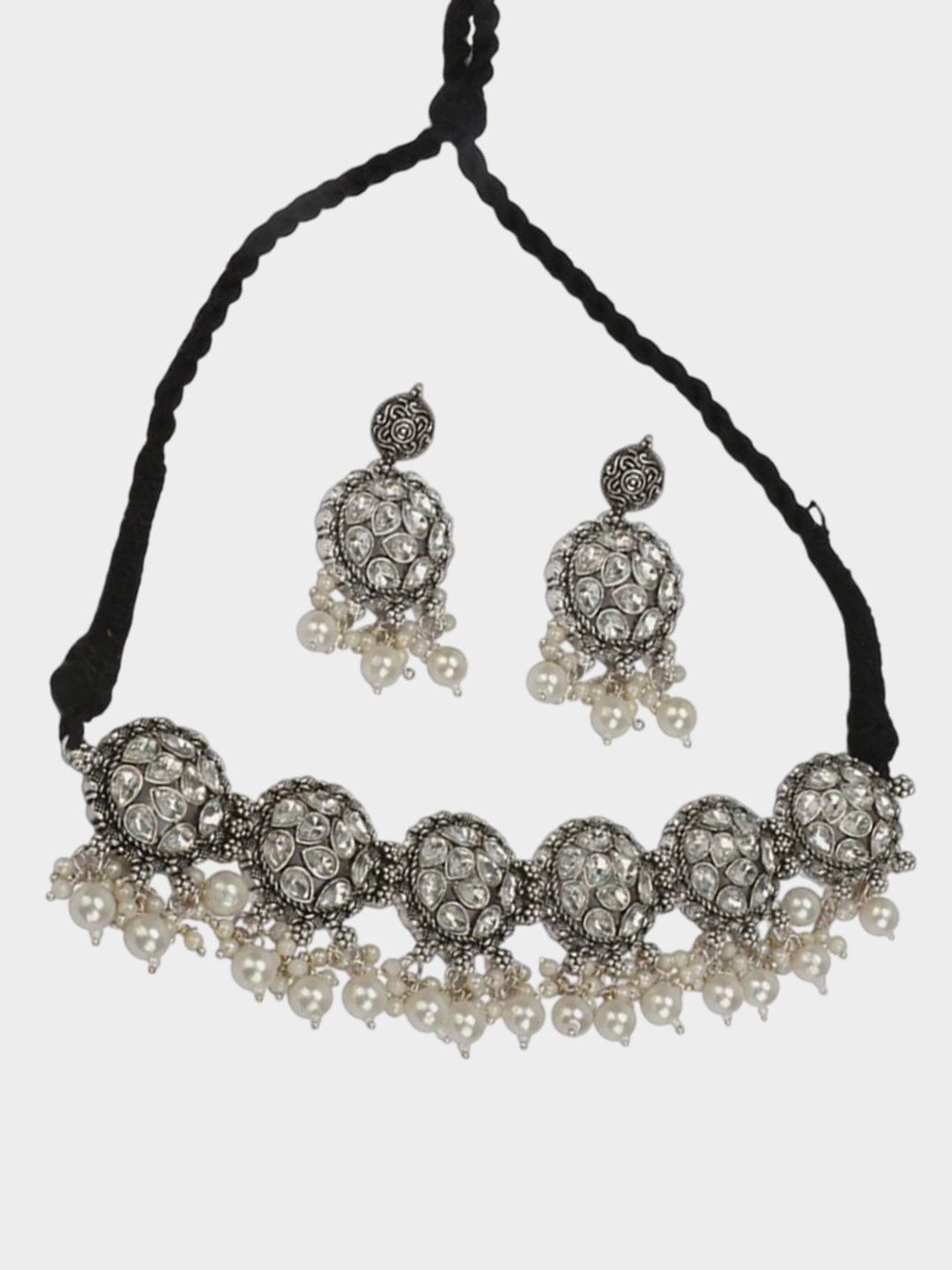 

SUNHARI Silver Plated Kundan Stone Studded & Beaded Jewellery Set