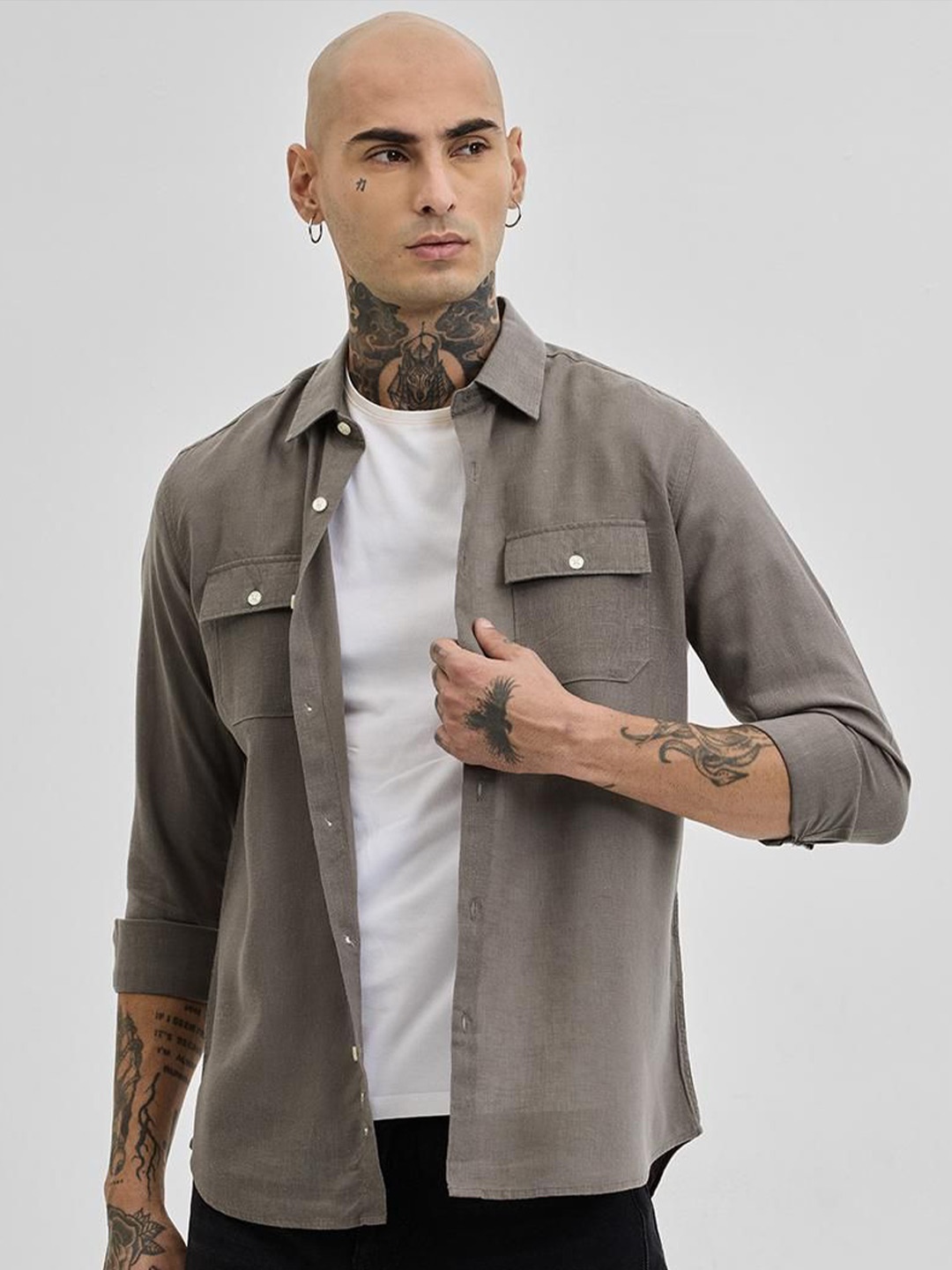 

Snitch Men Relaxed Spread Collar Solid Linen Casual Shirt, Grey