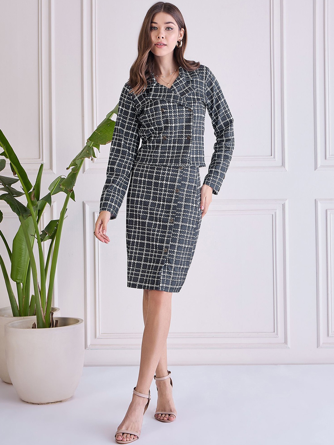 

WESTHOOD Checked Printed Notched Lapel Collar Blazer With Skirt Co-Ords Set, Black