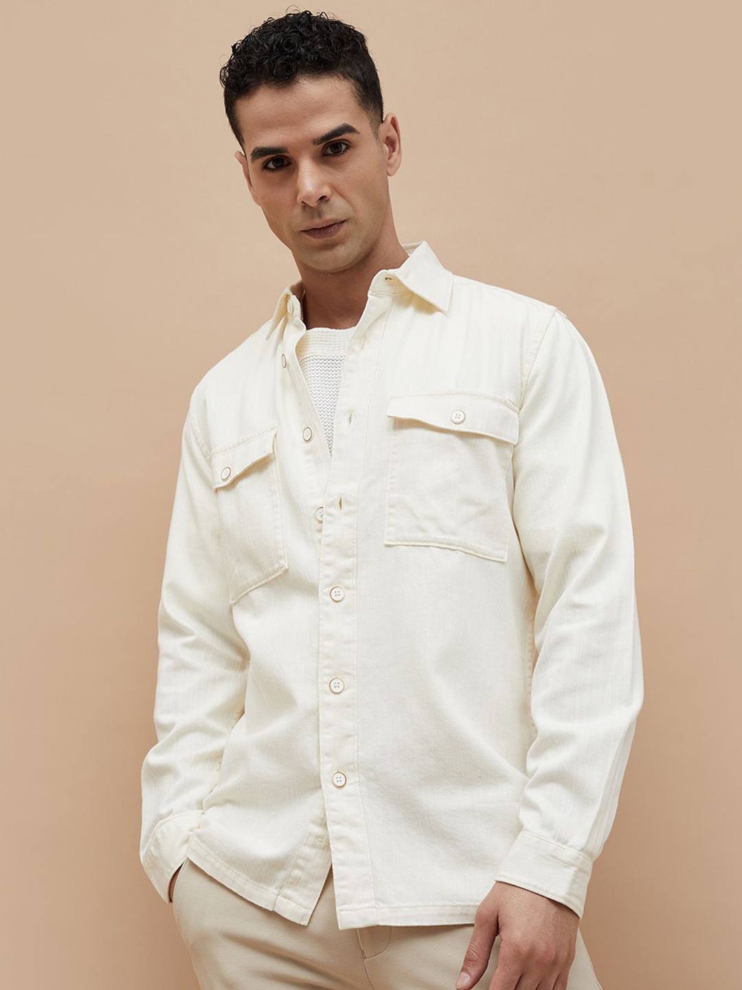 

CODE by Lifestyle Men Spread Collar Solid Cotton Casual Shirt, Cream