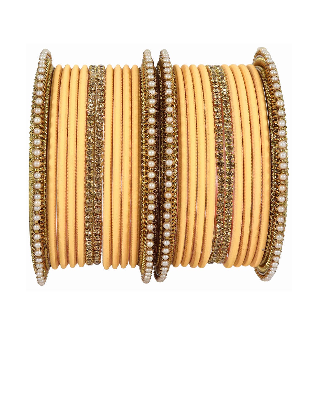 

ZULKA Set of 72 Zircon Gemstone Studded Traditional Metal Bangle, Peach