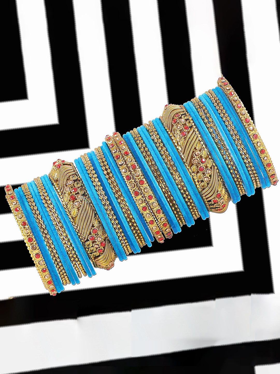 

ZULKA Set of 46 Artificial Stones and Beads Studded Bangles, Blue