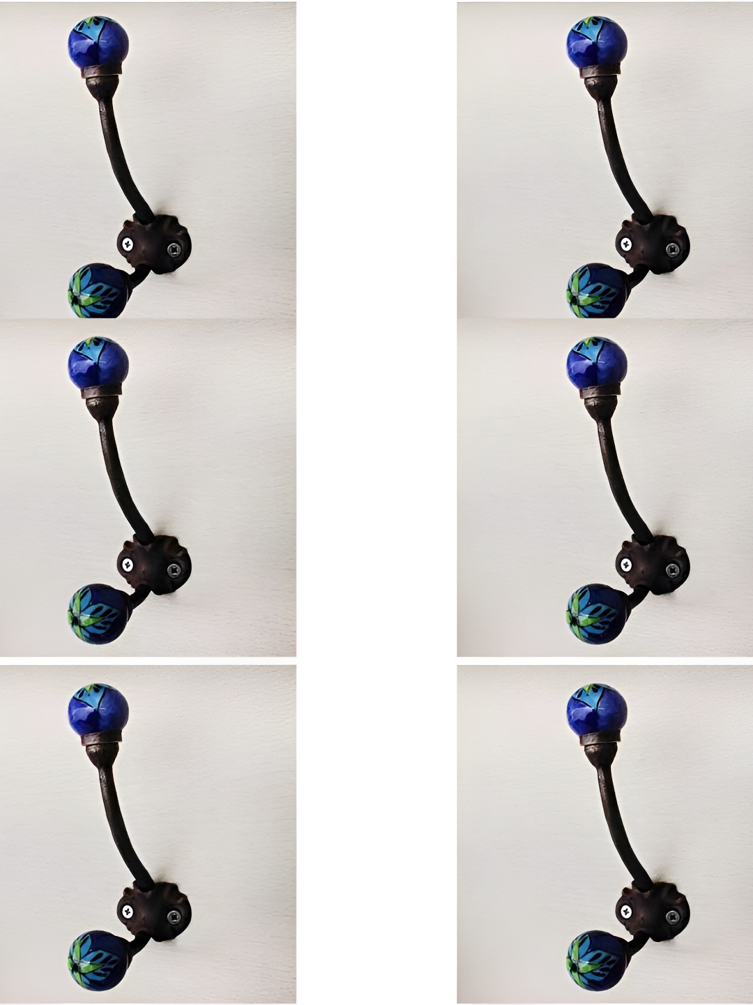 

IndianShelf Black & Blue 6 Pieces Floral Printed Ceramic Wall Hooks