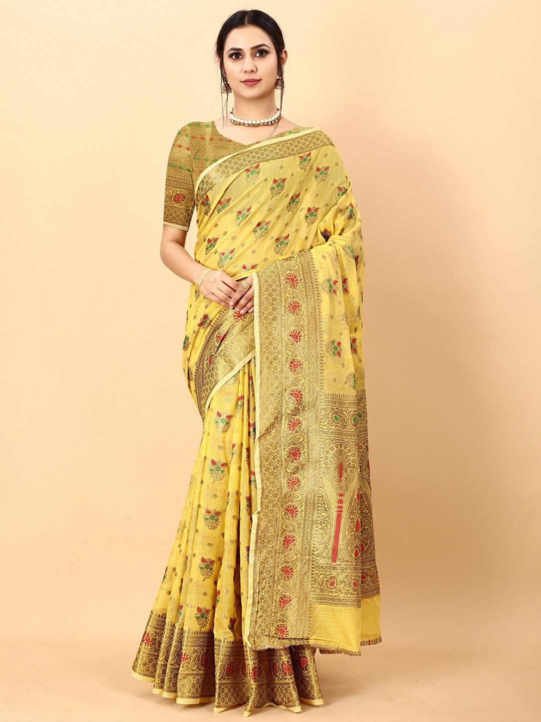 

VARNI FABRICS Woven Design Zari Pure Cotton Saree, Yellow