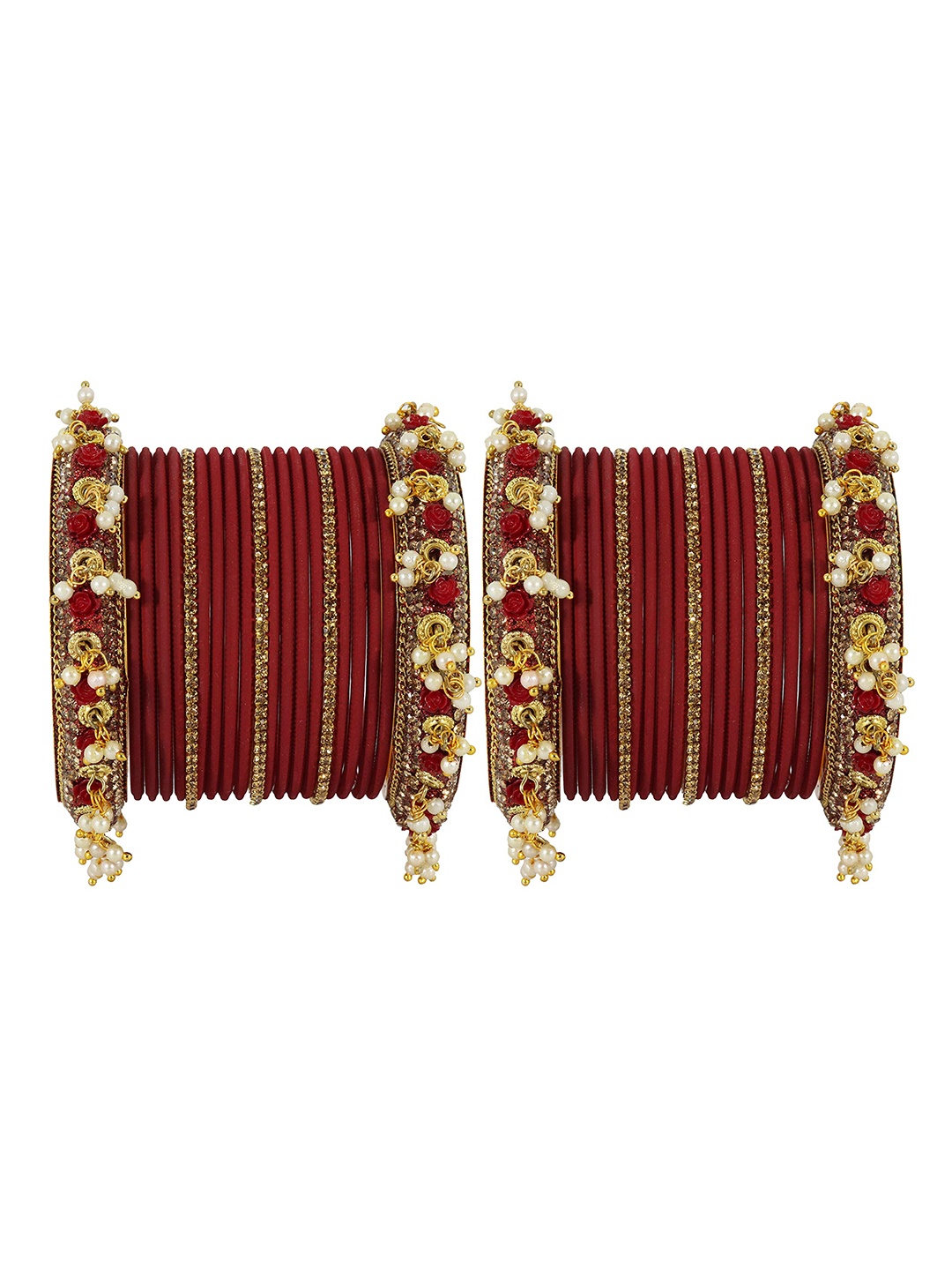 

ZULKA Set of 42 Non-Precious Metal Base Zircon Gemstone Studded Beaded Latkan Bangles, Red