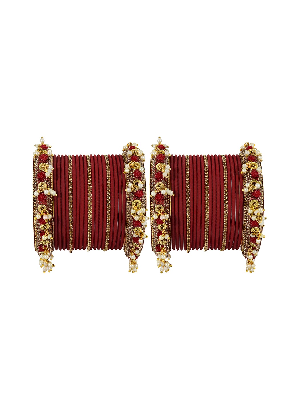 

ZULKA Set of 42 Non-Precious Metal Base with Zircon Gemstone Studded and Beaded Bangles, Red