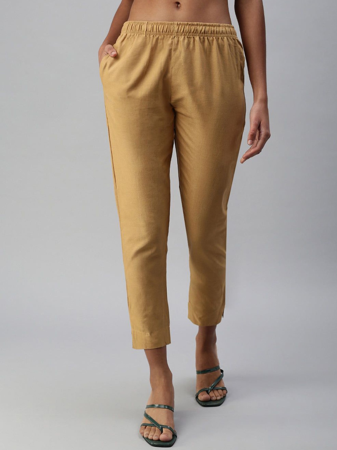 

IndianRang Women Relaxed Pure Cotton Trousers, Beige
