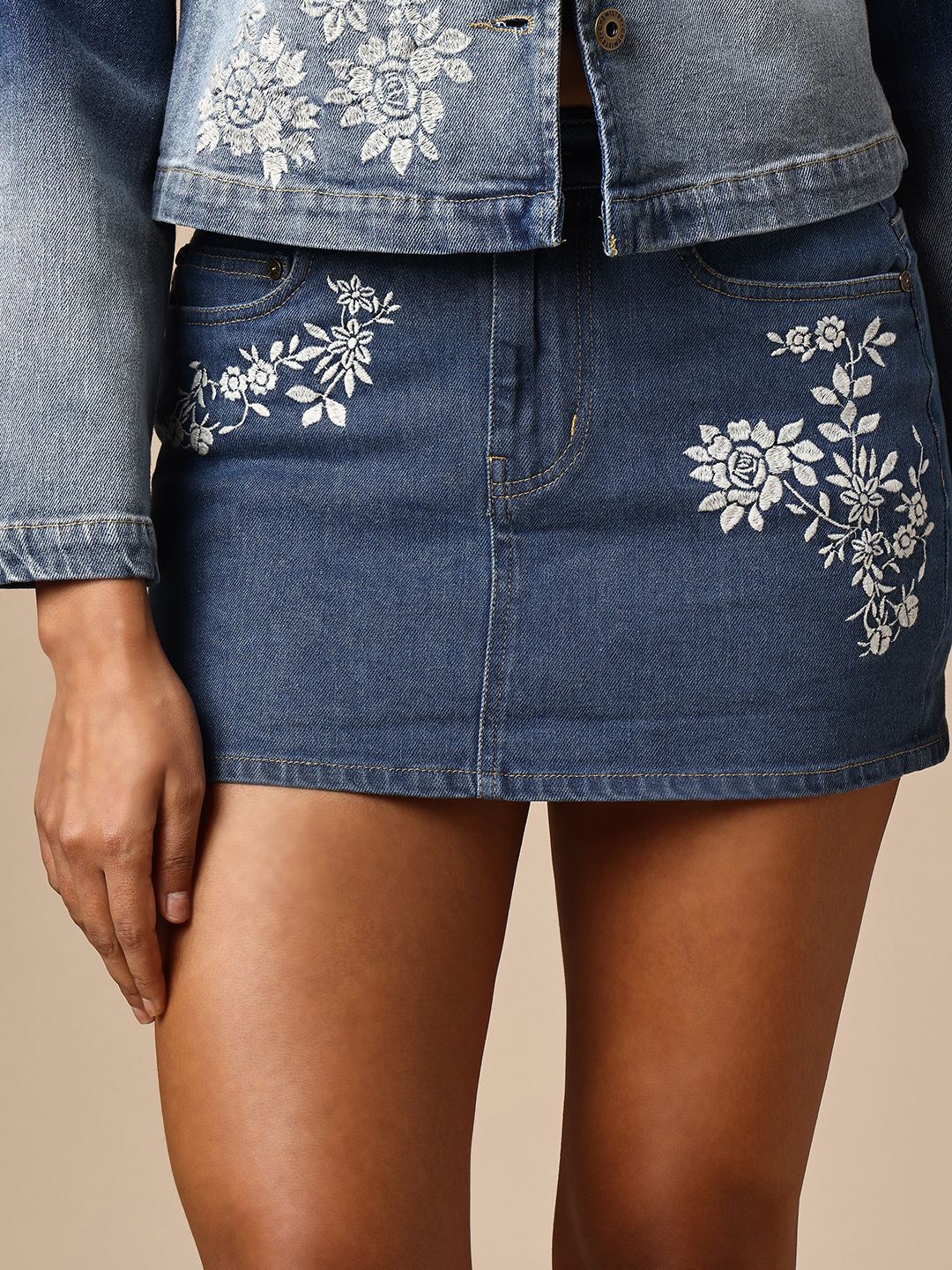 

Chemistry Embroidered Denim Straight Mini Skirt, Blue