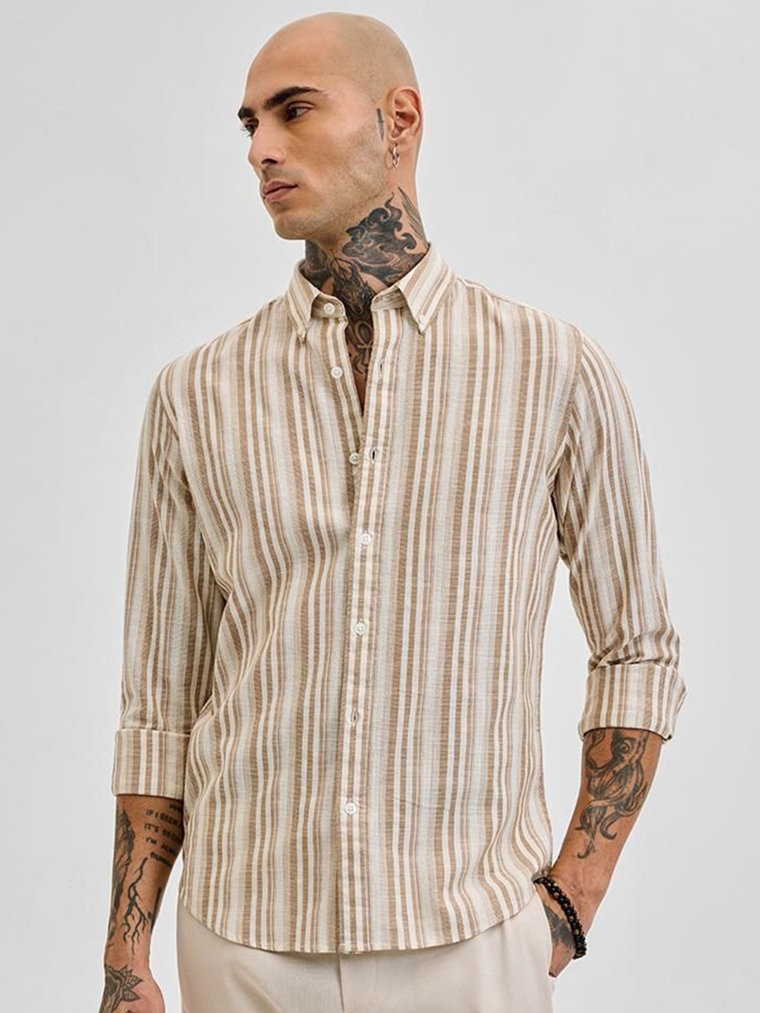 

Snitch Men Smart Fit Opaque Striped Pure Cotton Casual Shirt, Cream