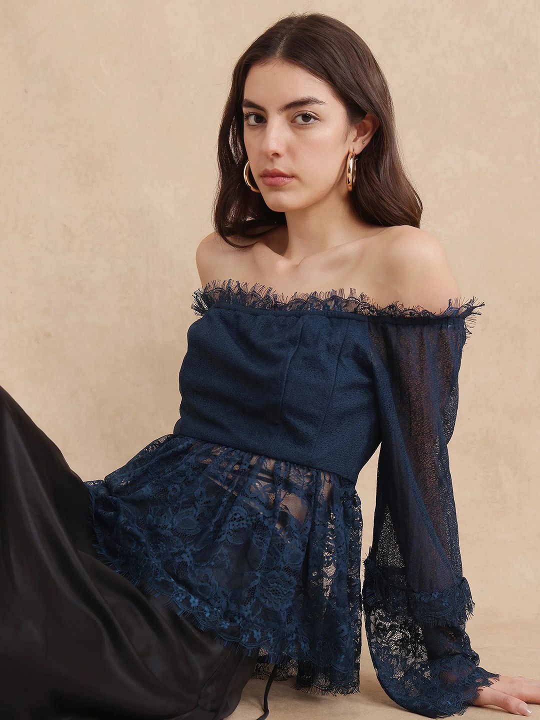 

RAREISM Off-Shoulder Cotton Bardot Crop Top, Blue