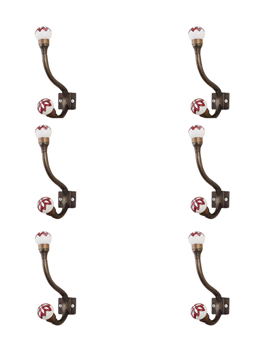 

IndianShelf Red & White 6 Pieces Ceramic Floral Wall Hooks