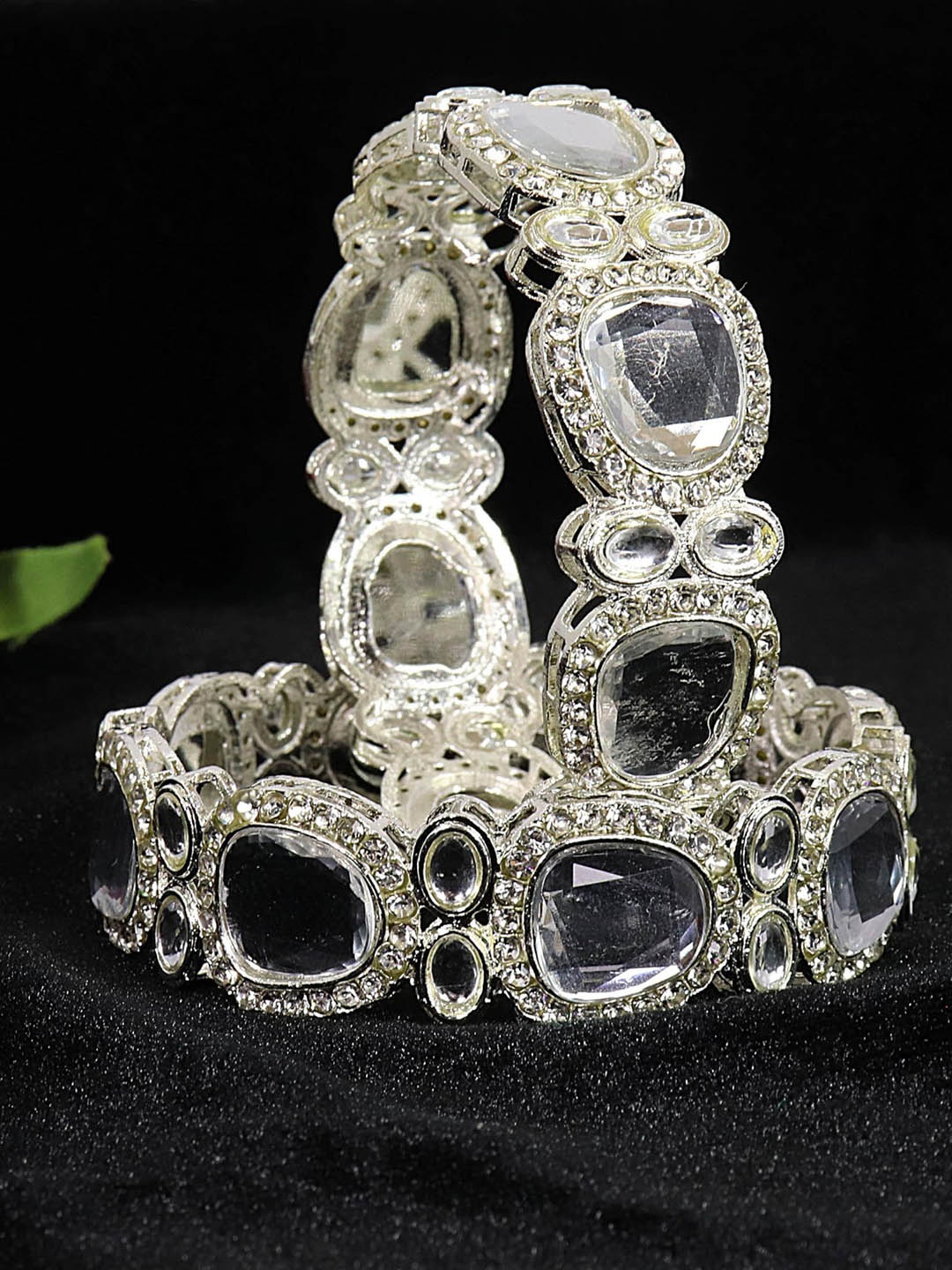 

ZULKA Set of 2 Fancy Zircon Stone & Kundan Mirror Work Metal Bangles, Silver