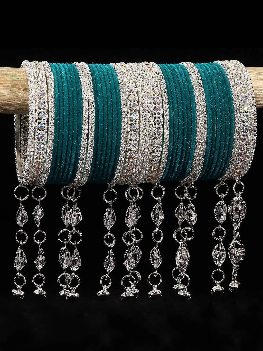 

Set of 78 Metal with Cubic Zirconia Velvet Bangles For Women, Green