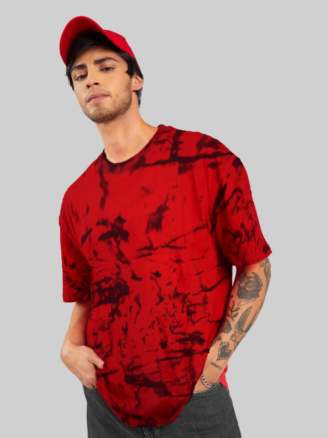 

Leotude Men Dyed Round Neck Cotton Oversized T-shirt, Red