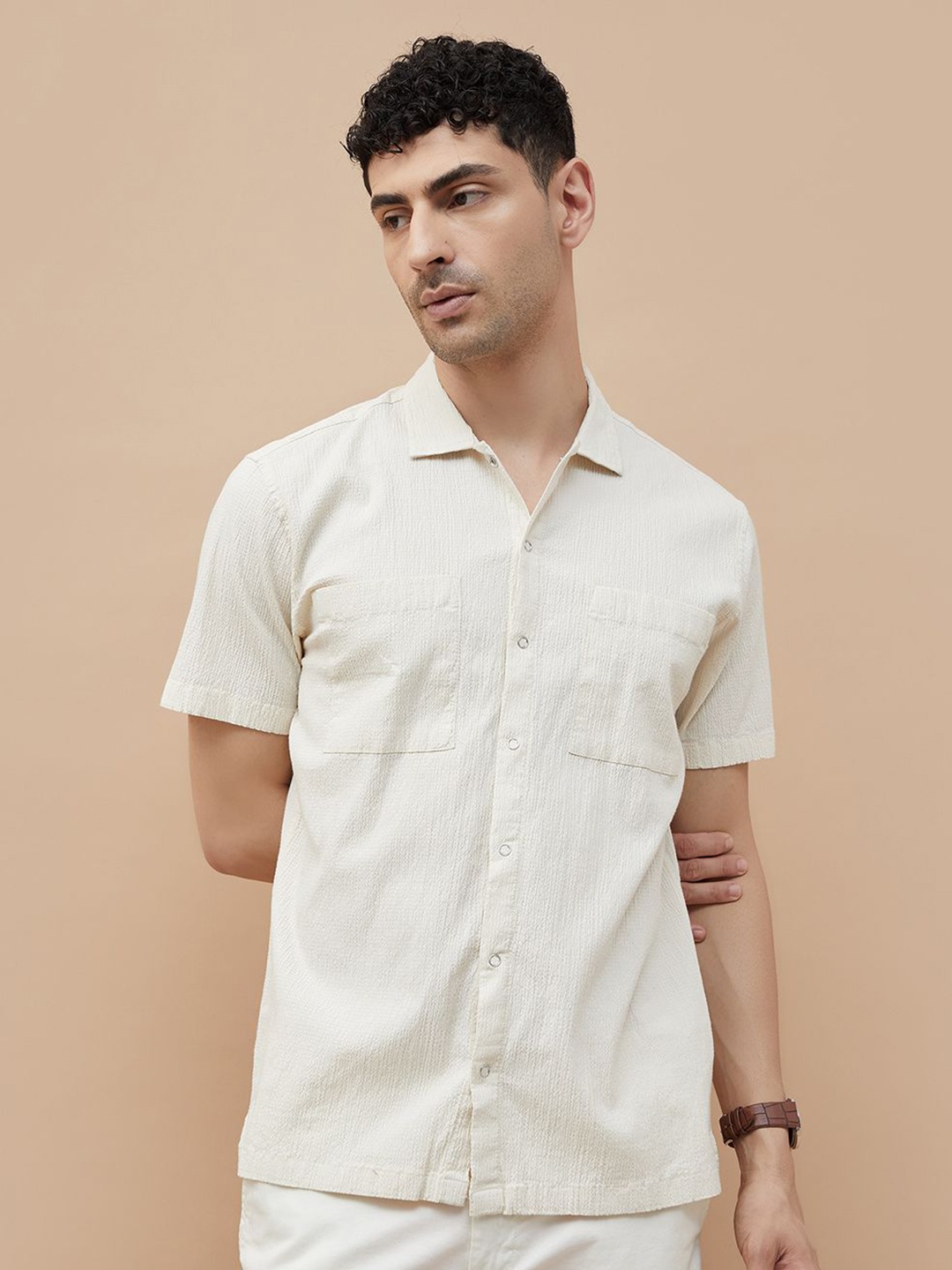 

CODE by Lifestyle Men Spread Collar Textured Cotton Casual Shirt, Beige