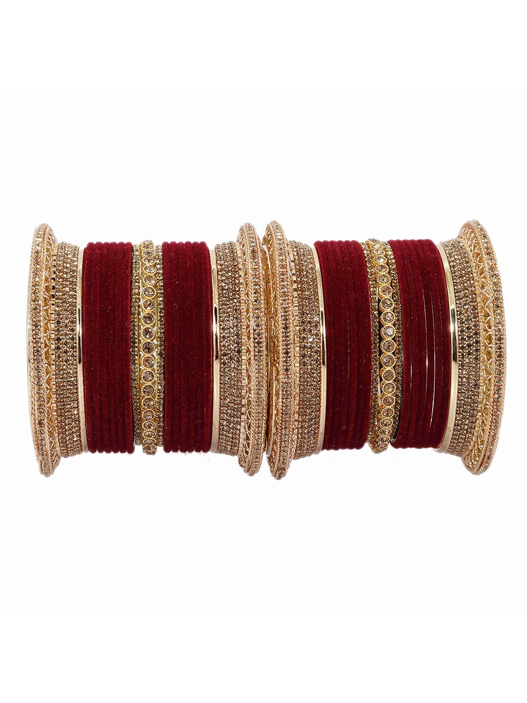 

ZULKA Set of 34 Stone Studded Velvet Finish Metal Bangles, Red