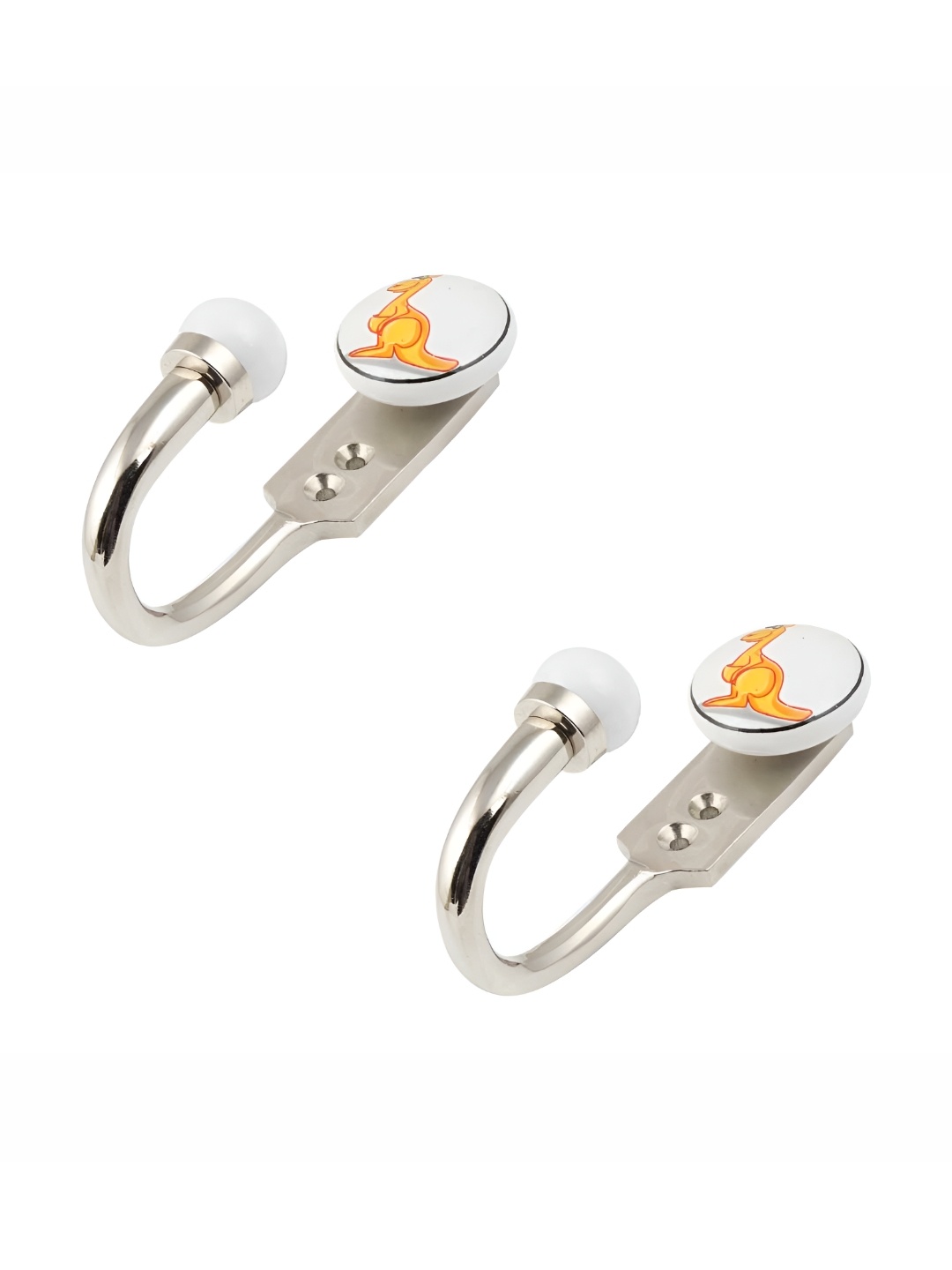 

IndianShelf White & Orange Colored 2 Pieces Kangaroo Printed Ceramic Zinc Wall Hooks