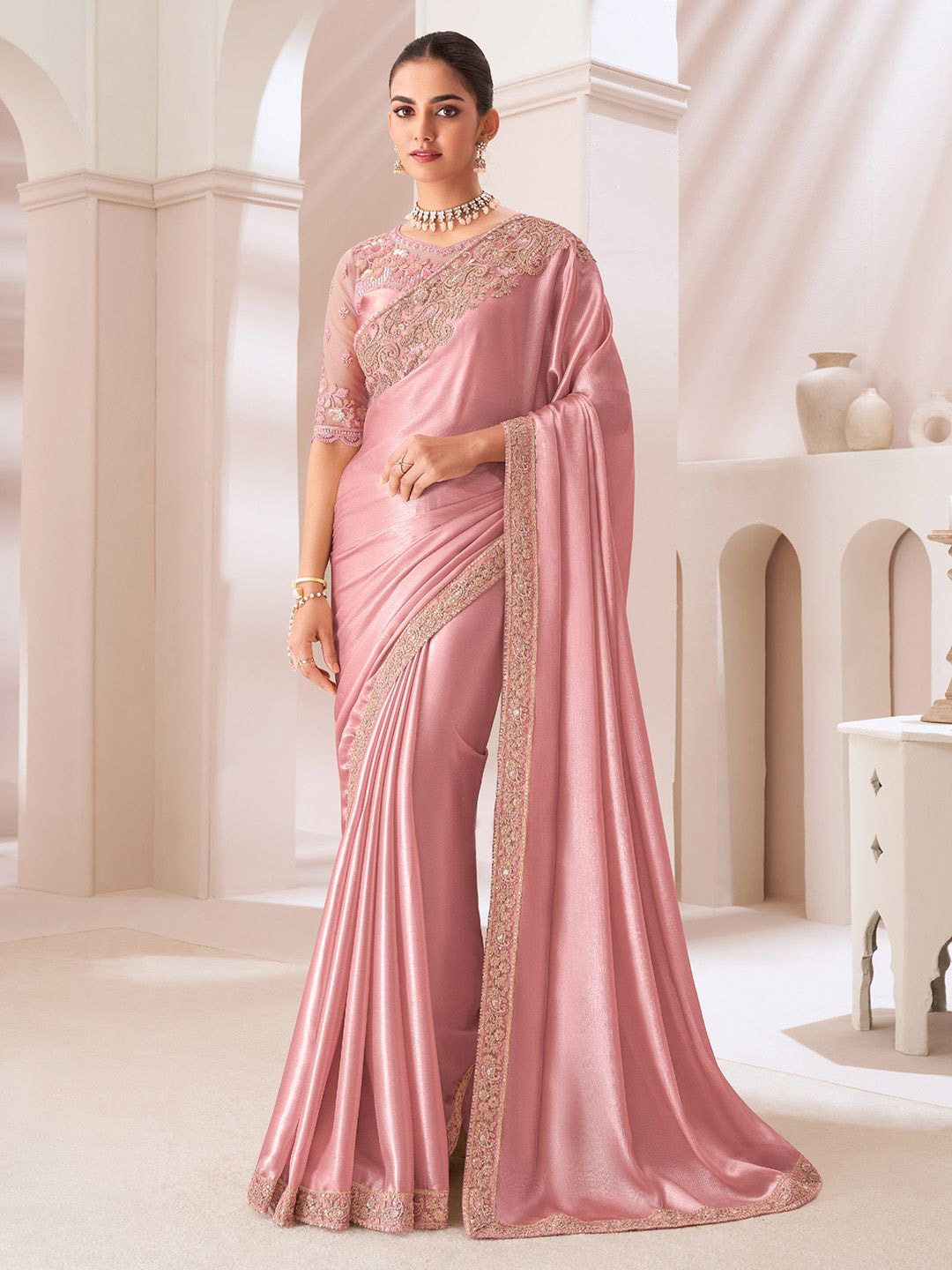 

Mitera Sequinned Pure Chiffon Saree, Pink