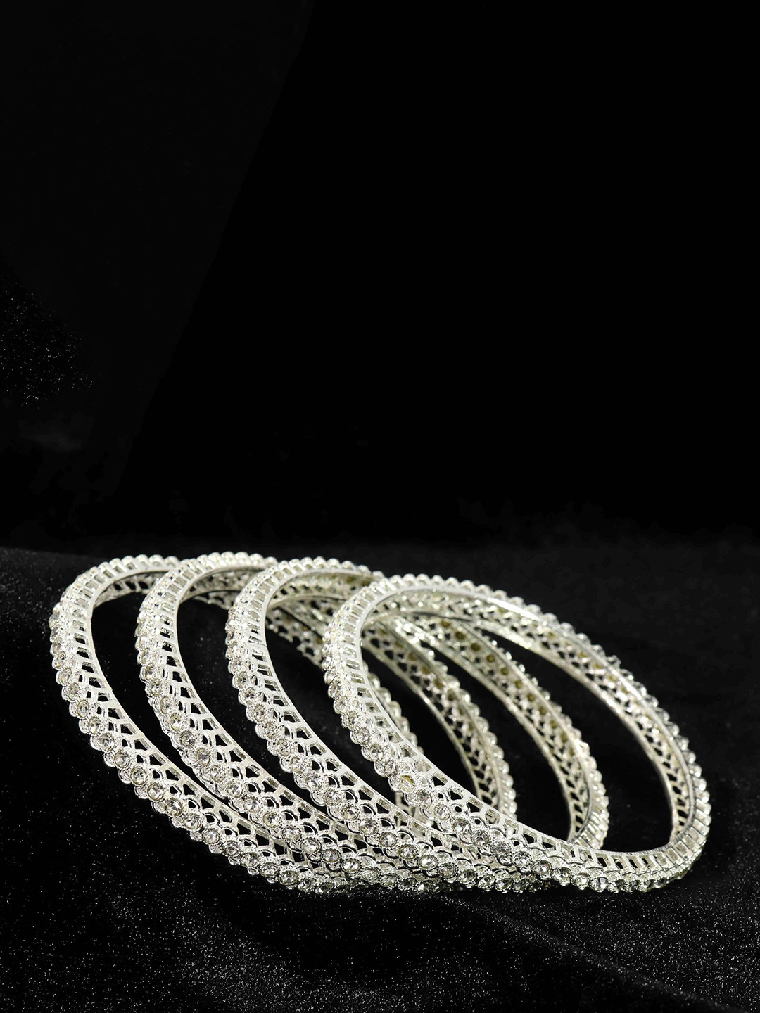 

ZULKA Set of 4 Metal Studded American Diamond Stone Bangles, Silver