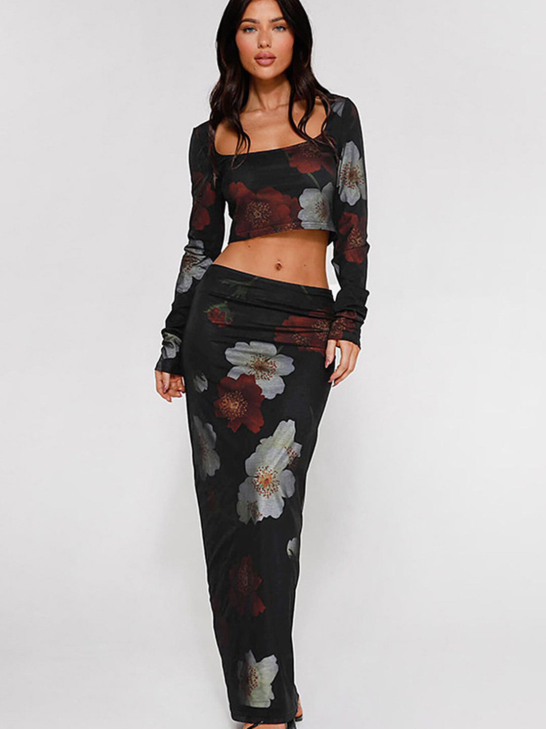 

LULU & SKY Square Neck Printed Top With Skirt, Black