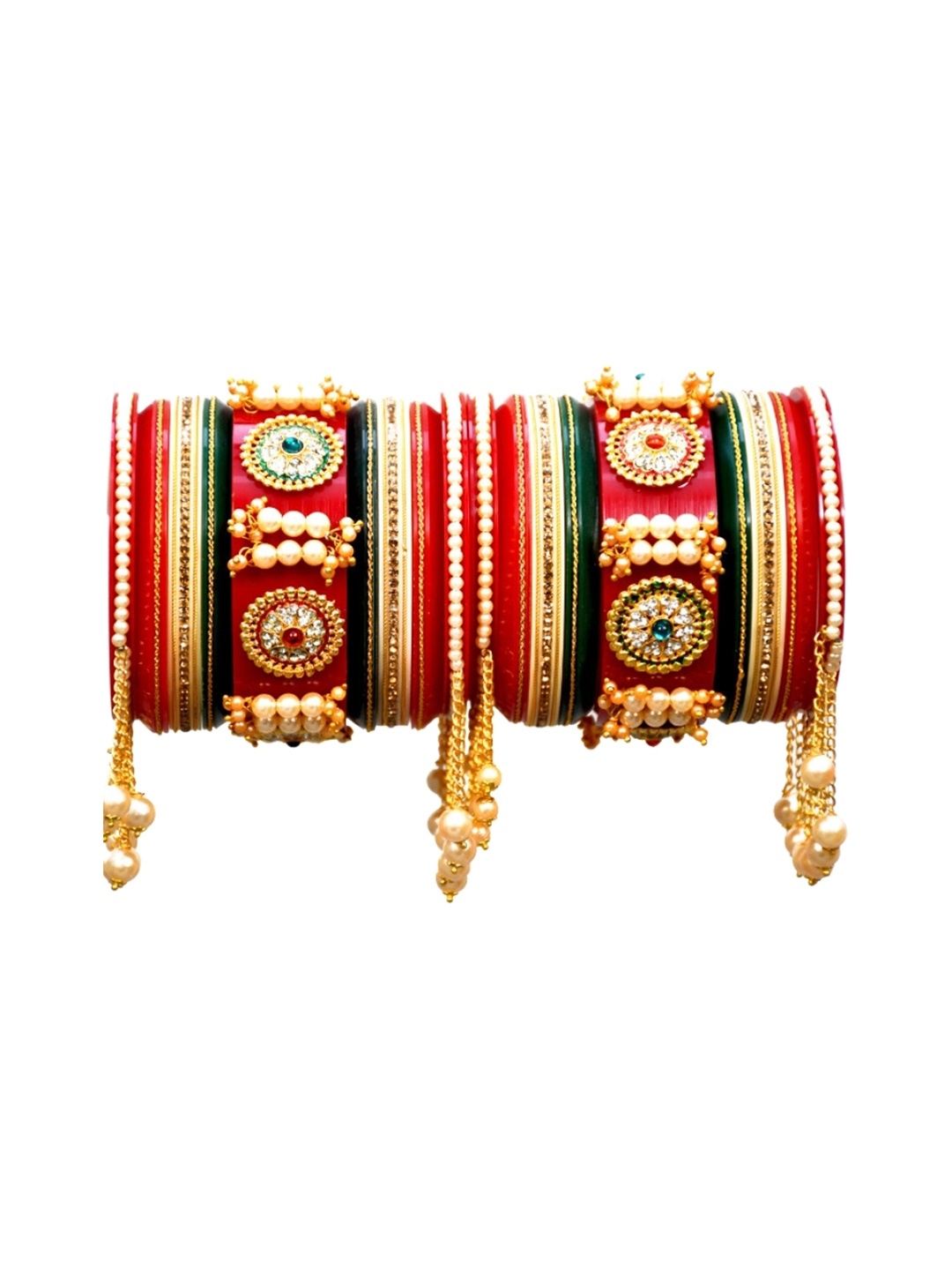 

Align Set Of 2 Gold-Plated Stone-Studded Bangles with Hangings, Red