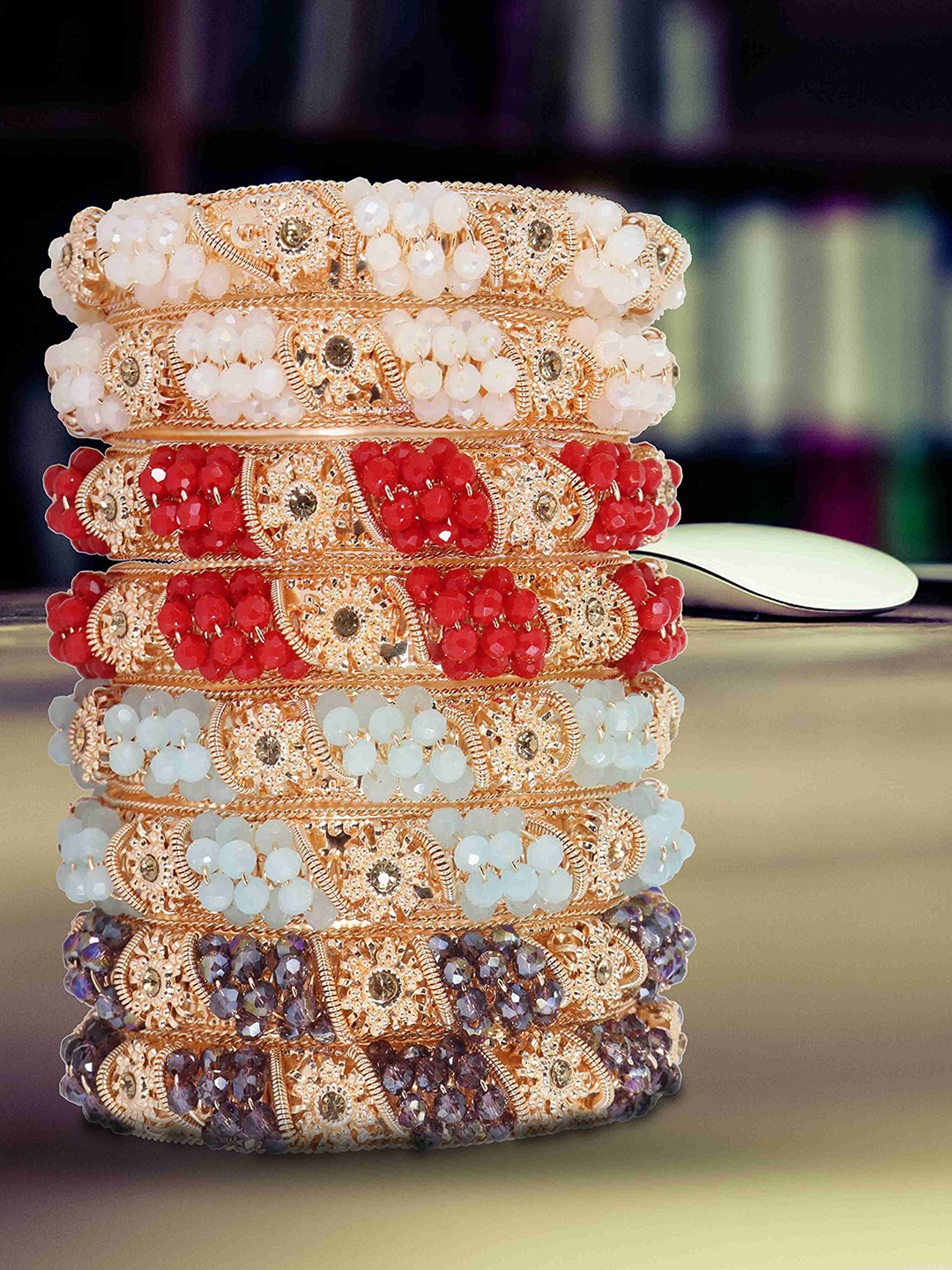 

ZULKA Set of 8 Zircon Gemstone Beaded Kada Bangles, Gold
