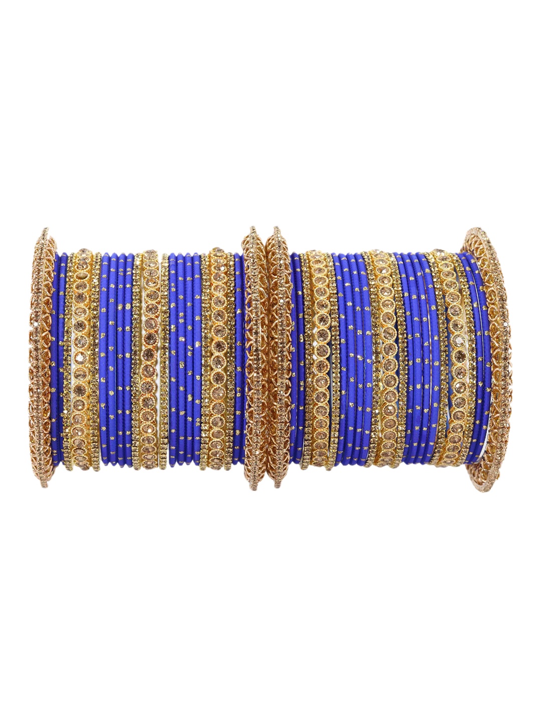 

ZULKA Set of 46 Zircon Gemstone Studded Zari Dotted Metal Bangles, Blue