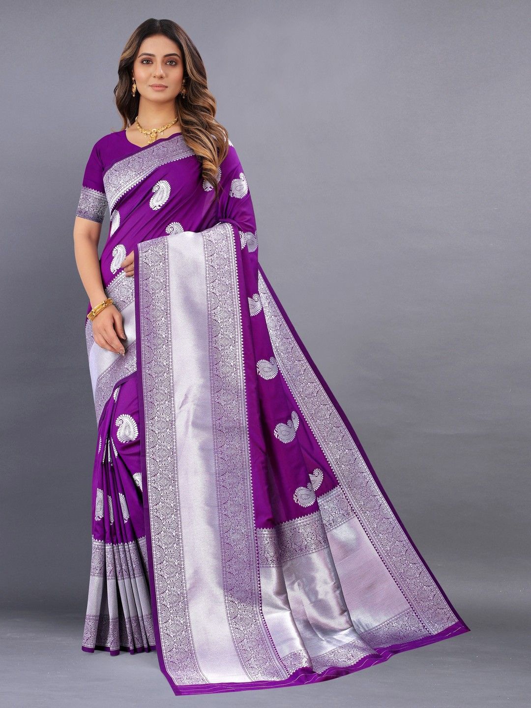

VARNI FABRICS Woven Design Zari Pure Silk Saree, Purple