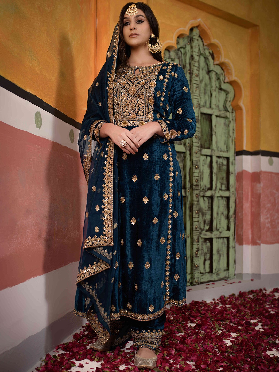 

The Front Row Women Floral Embroidered Regular Beads and Stones Velvet Kurti with Salwar & With Dupatta, Teal