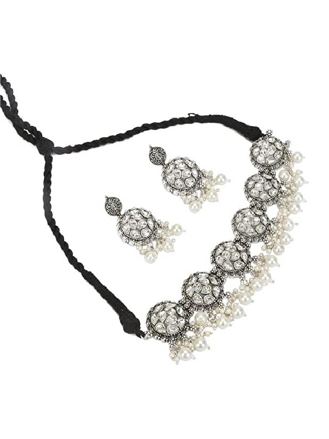 

SUNHARI Kundan-Studded & Beaded Necklace & Earrings, Silver