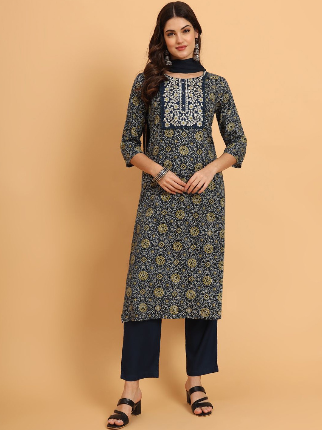 

KALINI Floral Printed Thread Work Pure Cotton Straight Kurta with Trouser & Dupatta, Navy blue