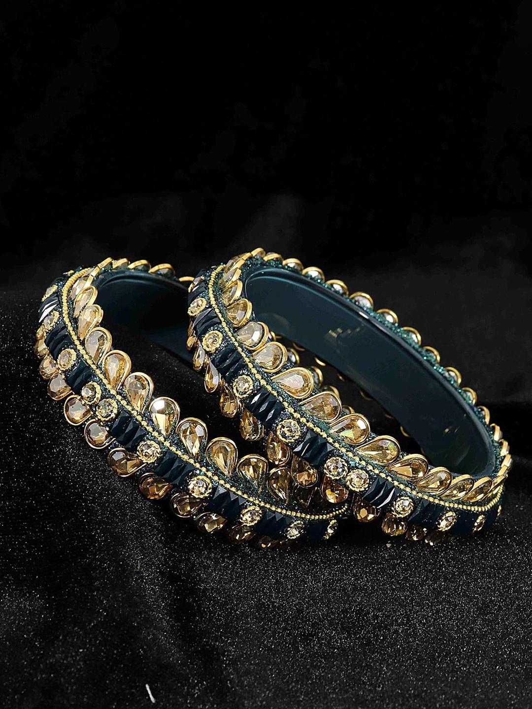 

ZULKA Set of 2 Golden Kundan & Zircon Stone Stylish Glass Bangles, Teal