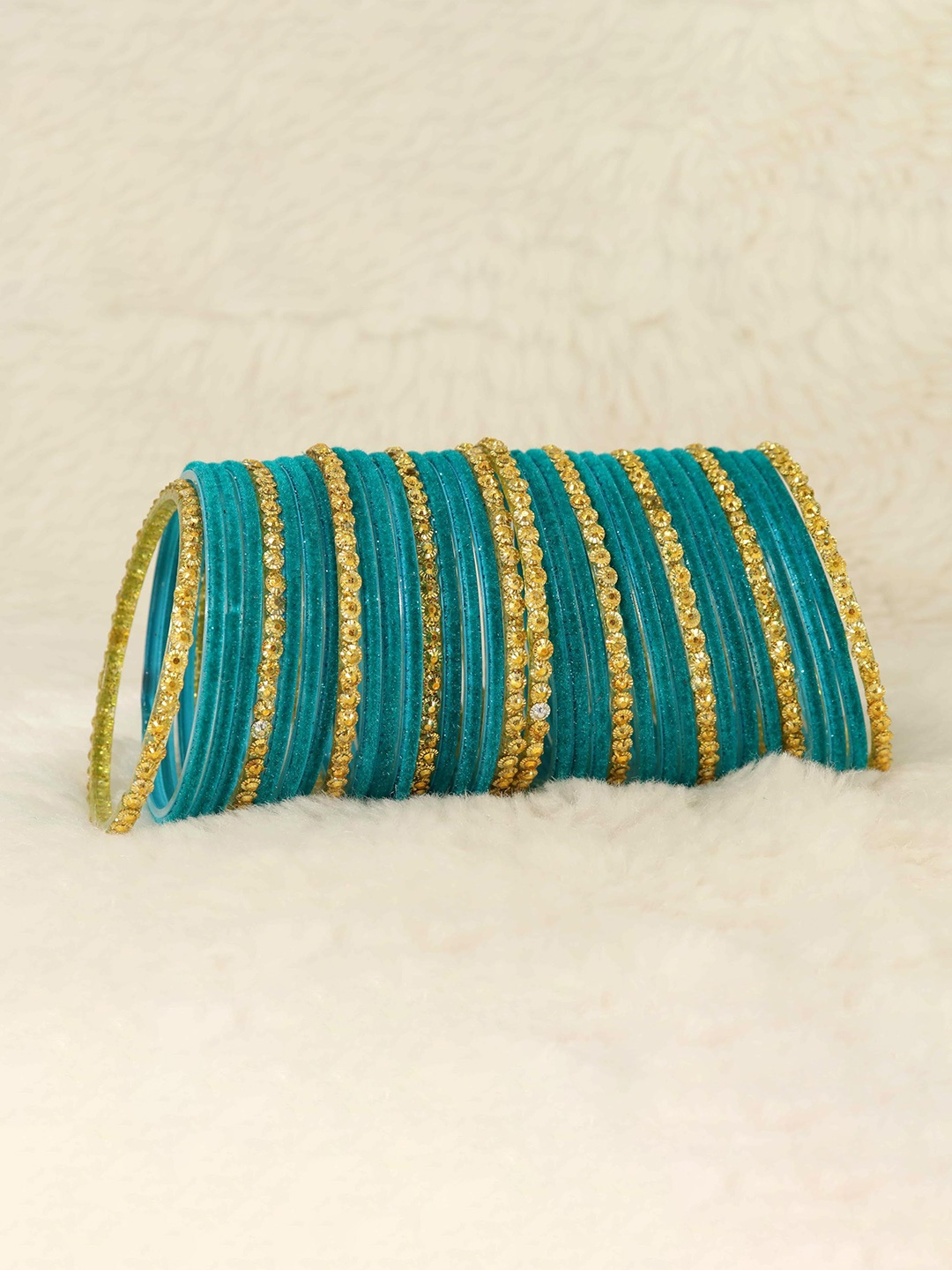 

Set of 34 Stylish Glass & Golden Beads Velvet Fancy Bangles, Teal