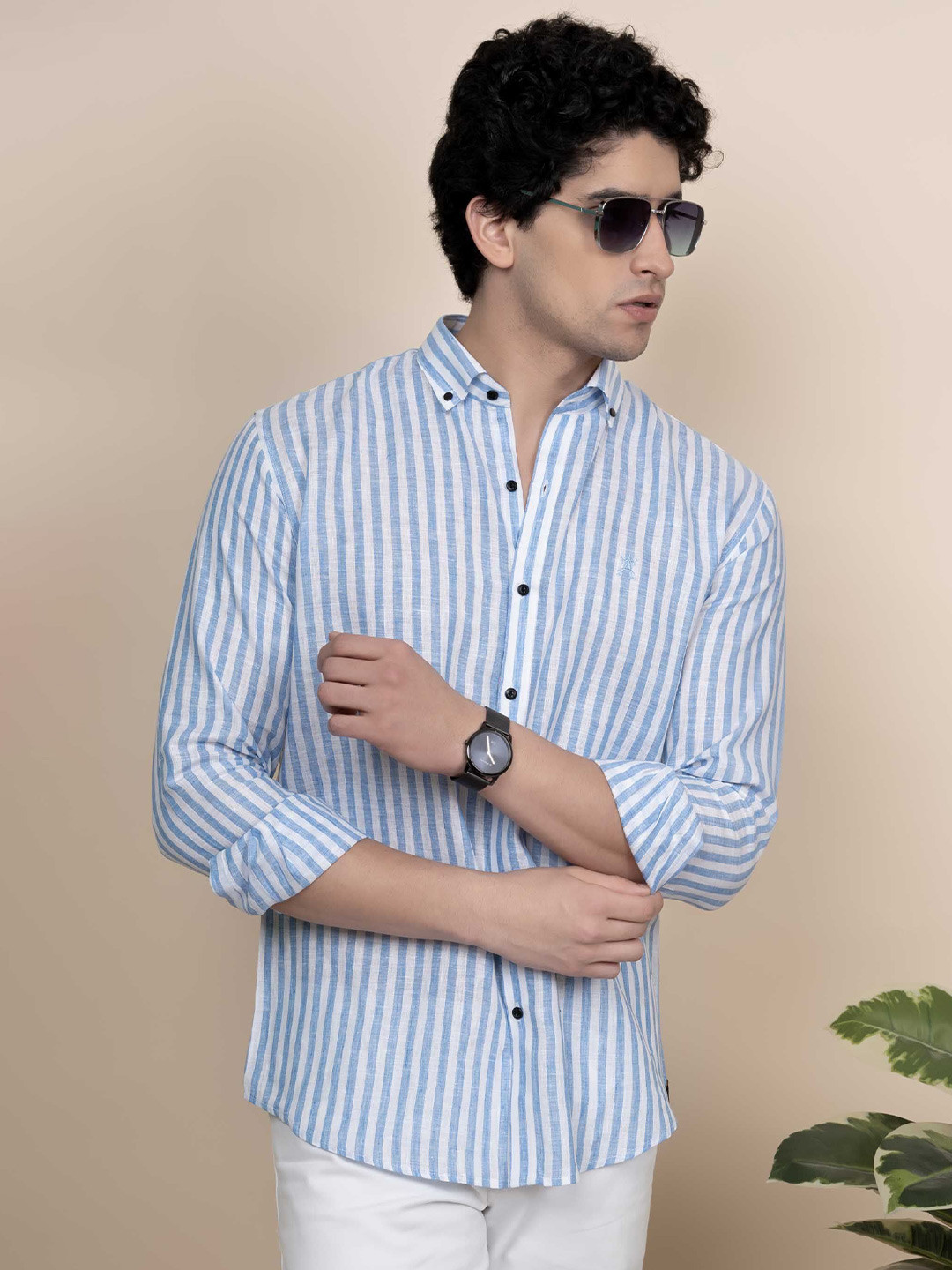 

ALMATY Men Comfort Button-Down Collar Vertical Striped Linen Casual Shirt, Blue