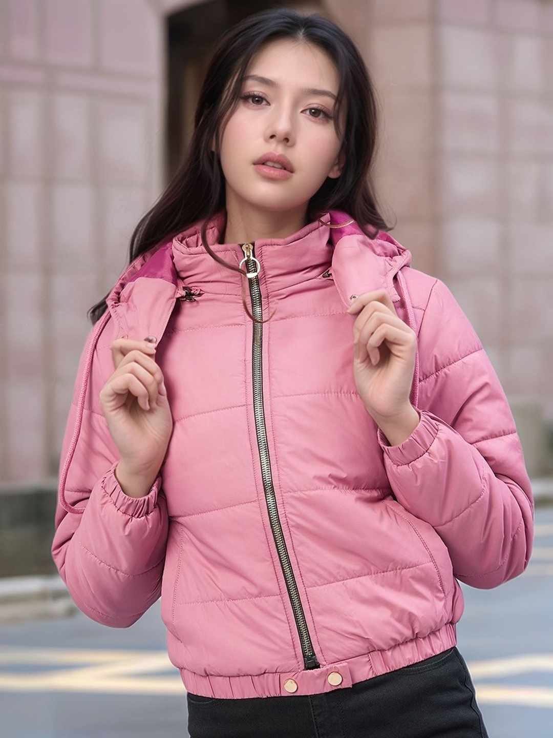 

ZYNG Women Hooded Solid Casual Padded Jacket, Pink