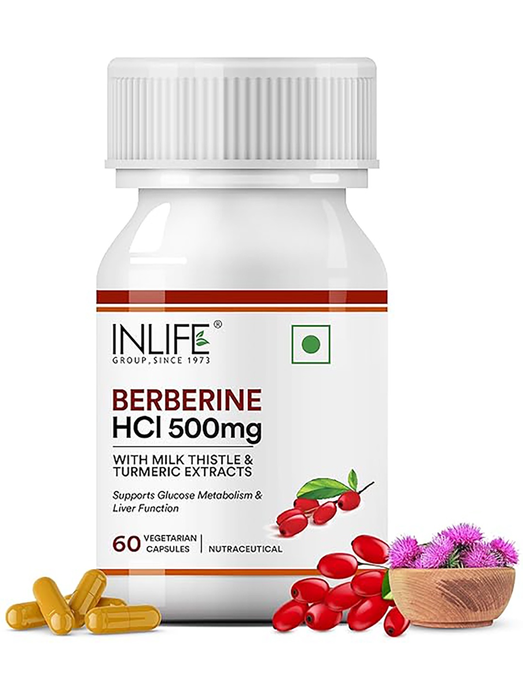 

INLIFE Berberine HCL 500mg With Milk Thistle & Turmeric Capsules - 60 Capsules, White