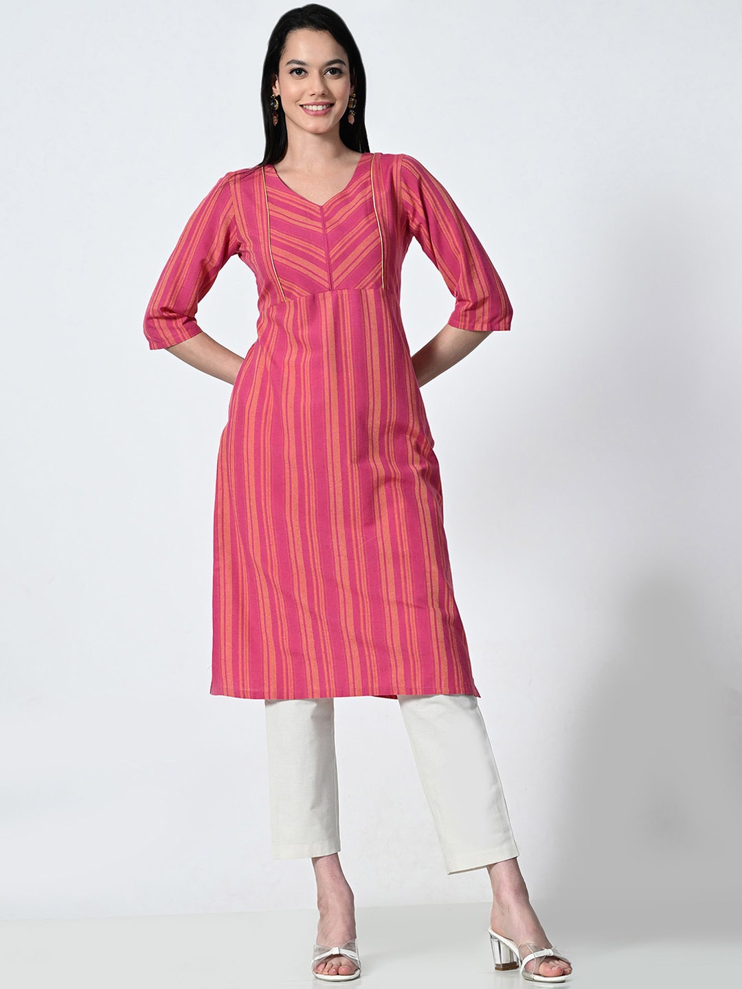 

AMBI Striped V- Neck Straight Kurta, Pink