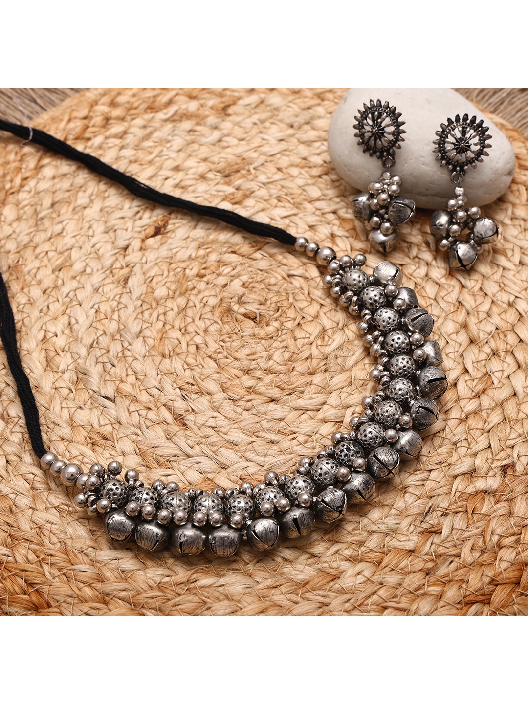 

SUNHARI Beaded Oxidised Necklace & Earrings, Silver