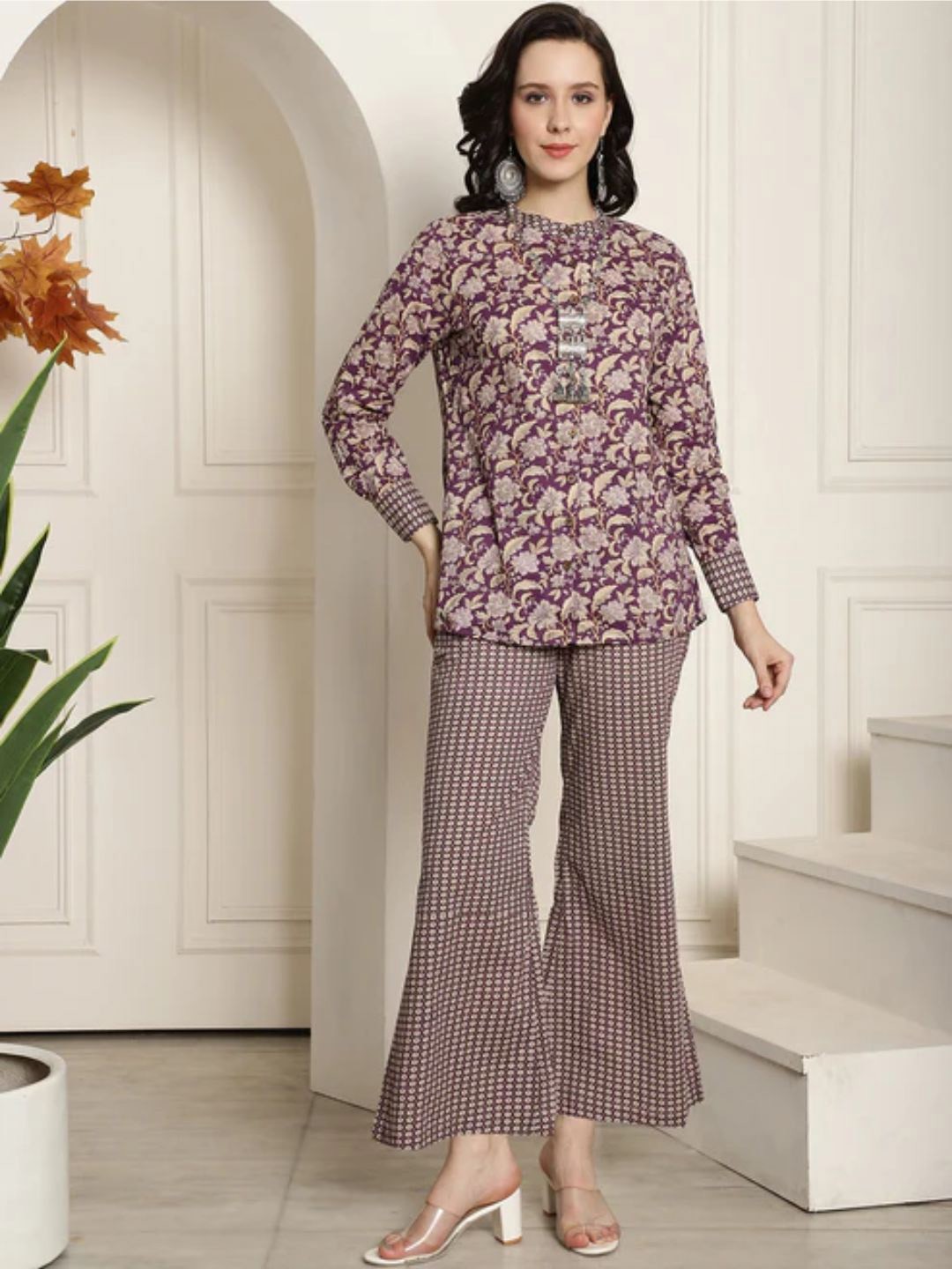 

NIJANAND TEXTILE Band Collar Printed Pure Cotton Top With Palazzo, Purple