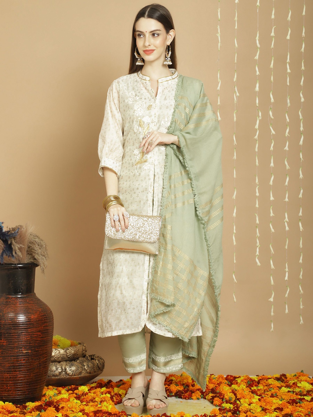 

KSM PRINTS Ethnic Motifs Embroidered Semi-Stitched Dress Material, Off white